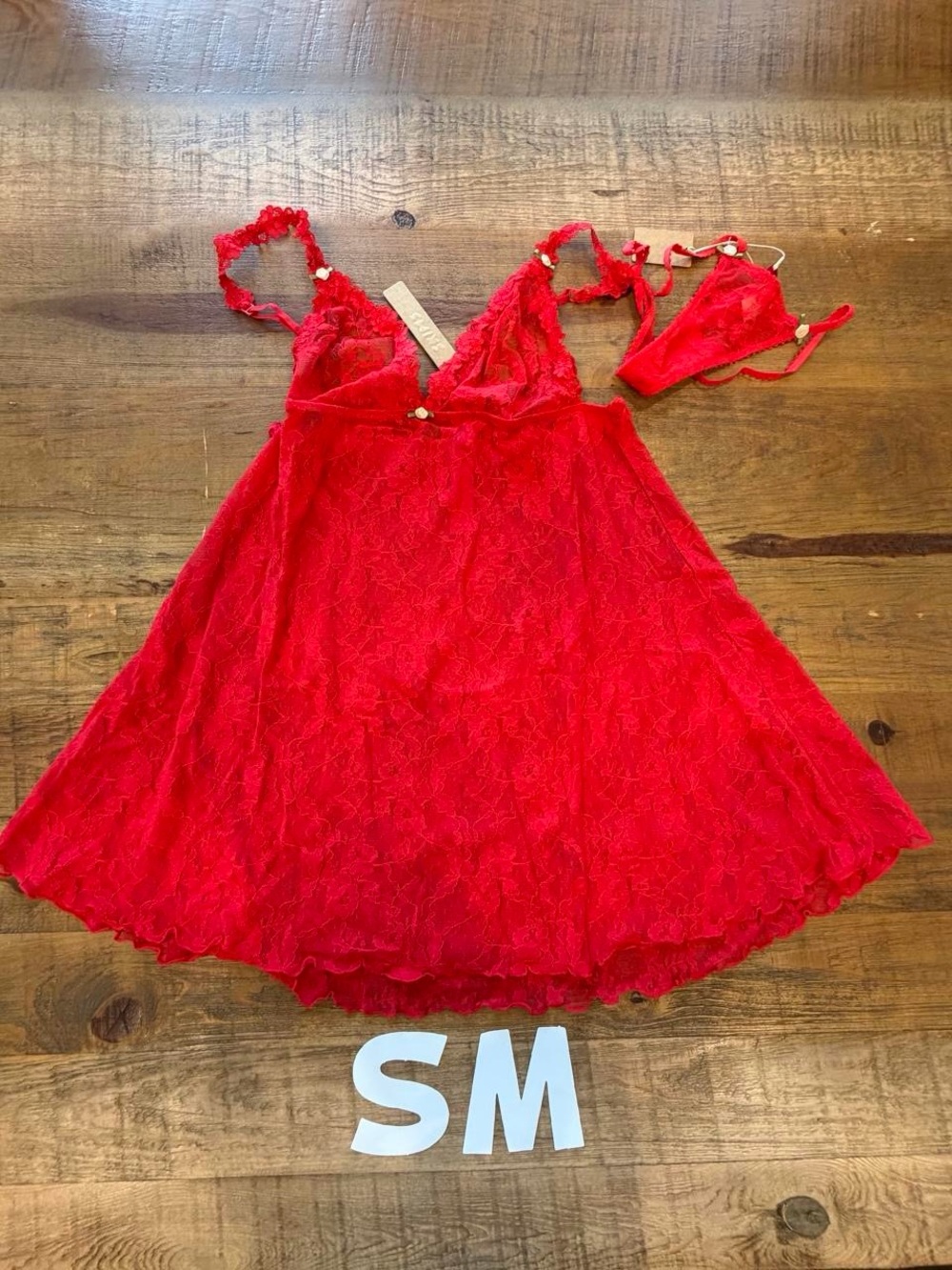 Skims red lace slip dress with matching thong set  Small